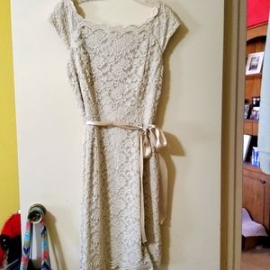 Cream Lace Dress with Satin Belt